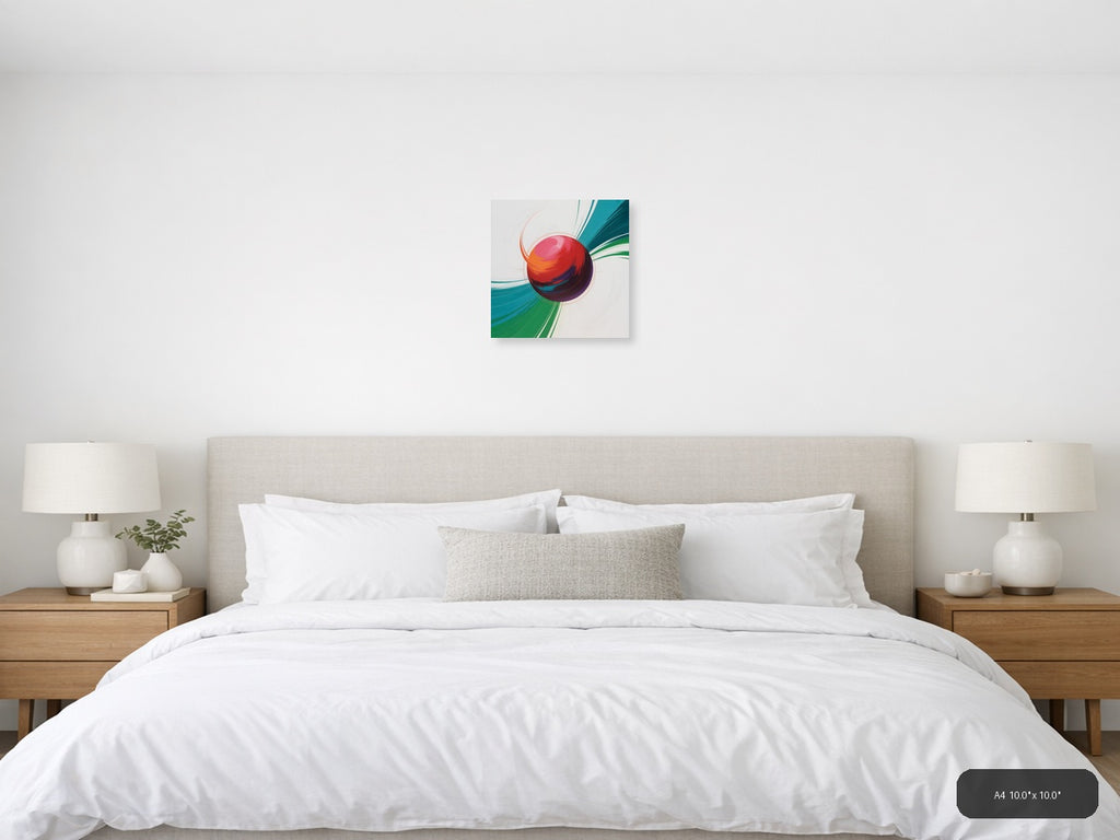 Red Sphere with Teal & Green Wave Abstract Wall Art — A4 / Bedroom