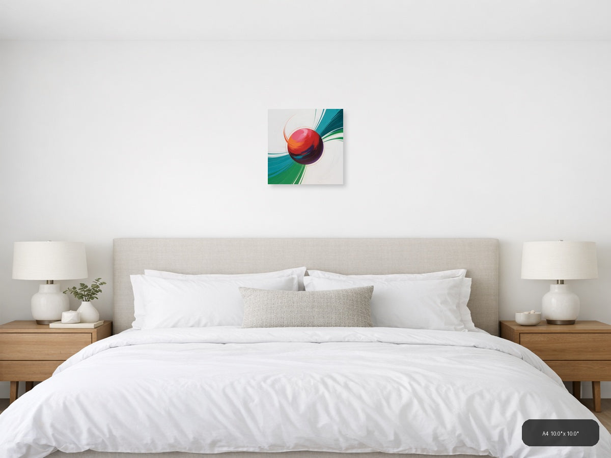 Red Sphere with Teal & Green Wave Abstract Wall Art — A4 / Bedroom