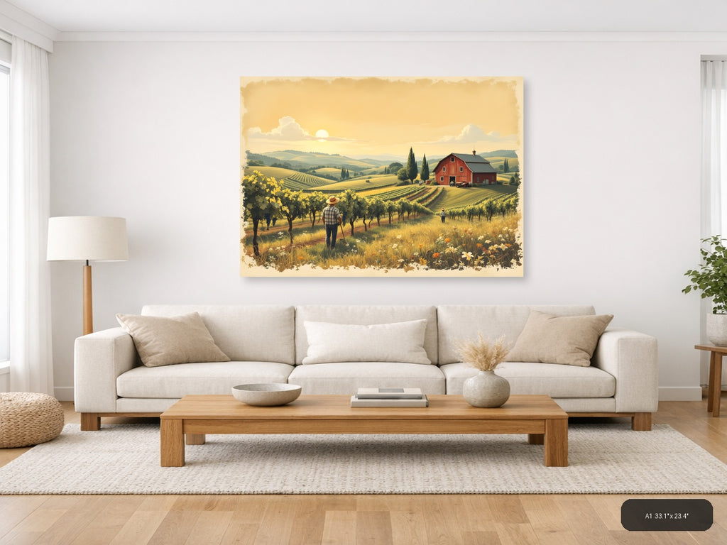 Vintage Vineyard Farm Landscape with Red Barn Wall Art — A1 / Living Room