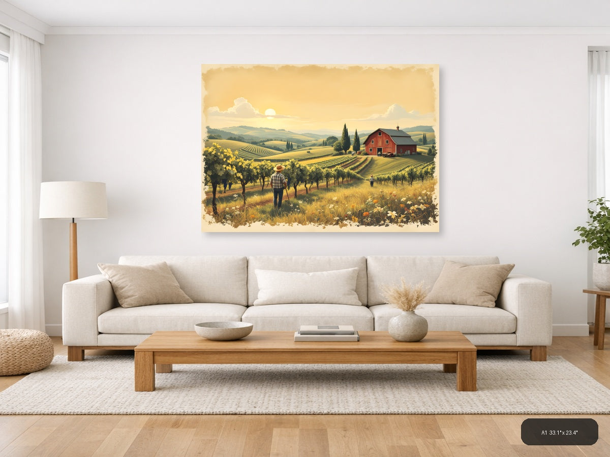 Vintage Vineyard Farm Landscape with Red Barn Wall Art — A1 / Living Room