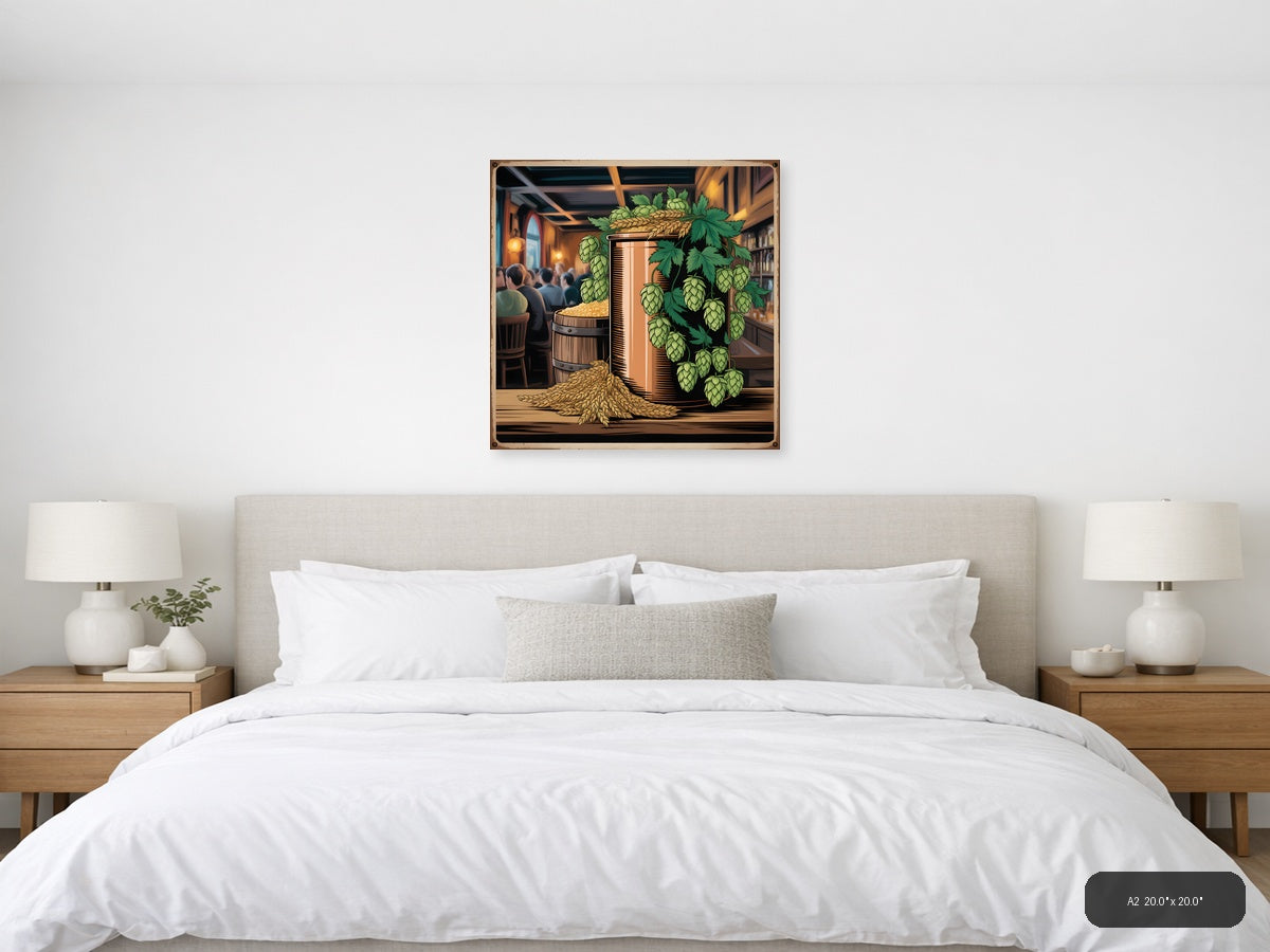 Vintage Brewery Scene with Hops & Barrel Wall Art — A2 / Bedroom