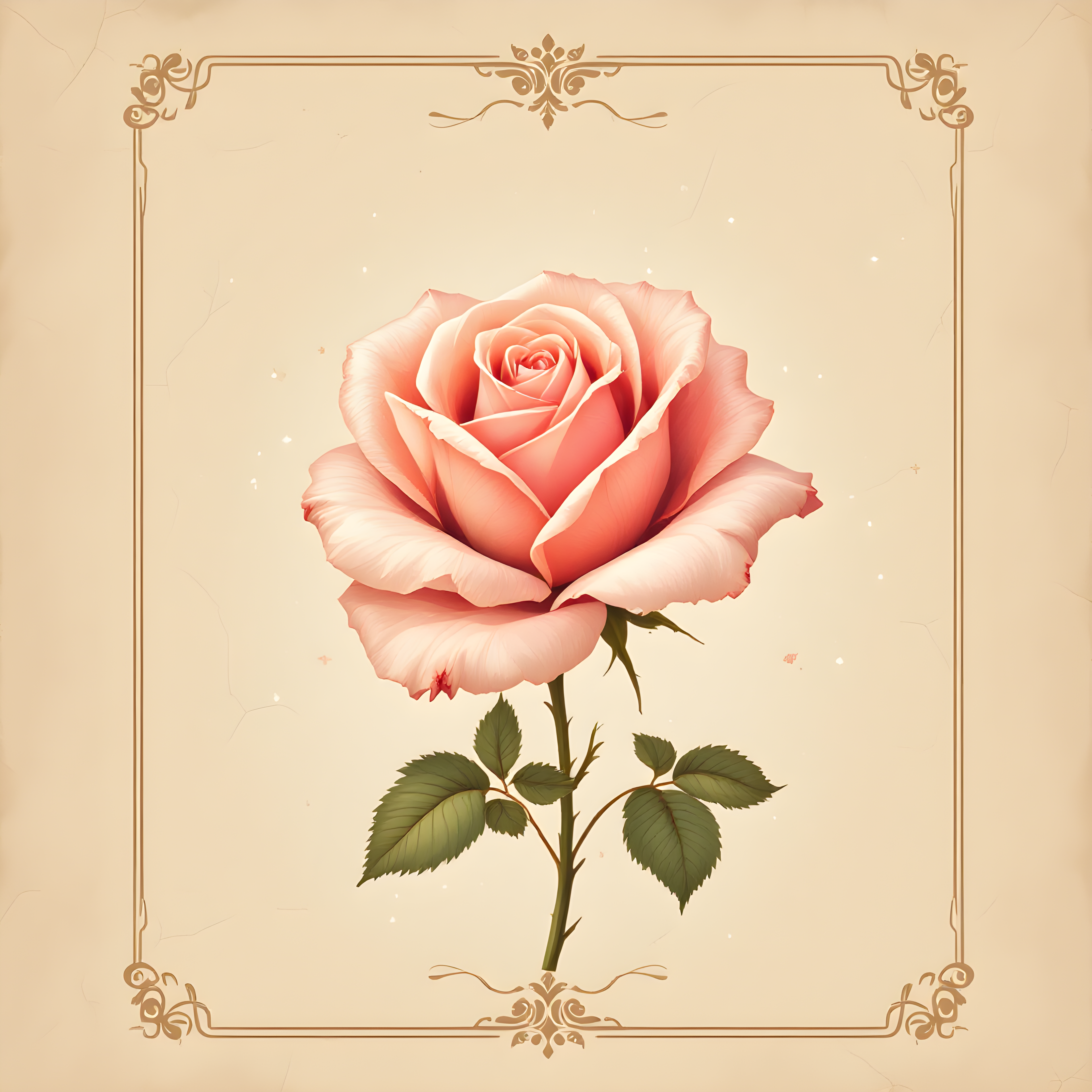 Vintage Coral Rose Botanical Illustration Wall Art