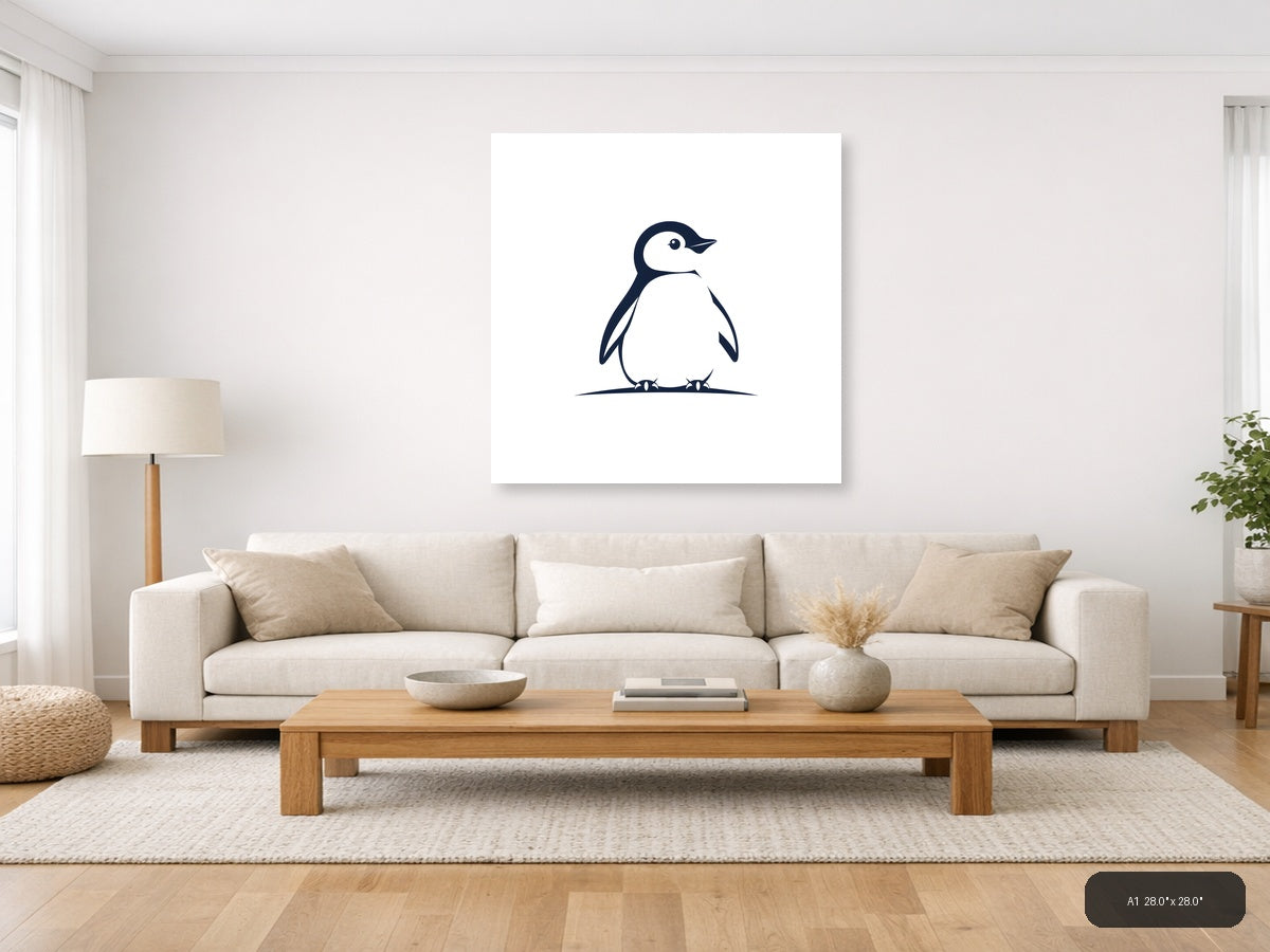 Minimalist Penguin Illustration Navy Blue Wall Art — A1 / Living Room