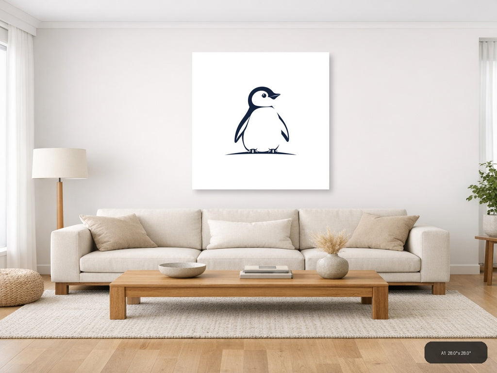 Minimalist Penguin Chick Silhouette Navy Wall Art — A1 / Living Room