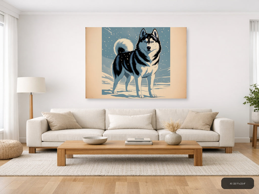Husky in Snow - Vintage Winter Dog Wall Art — A1 / Living Room