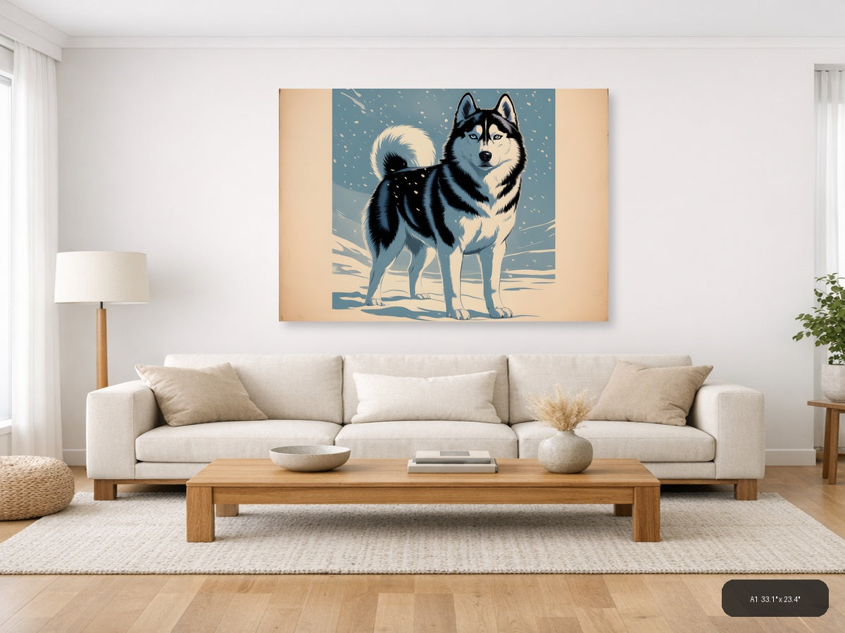 Husky in Snow - Vintage Winter Dog Wall Art — A1 / Living Room