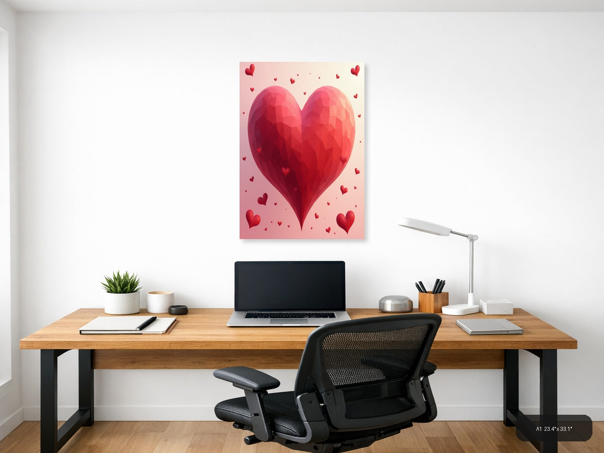 Large Red Polygonal Heart with Floating Hearts | Abstract Love Wall Art — A1 (Office)