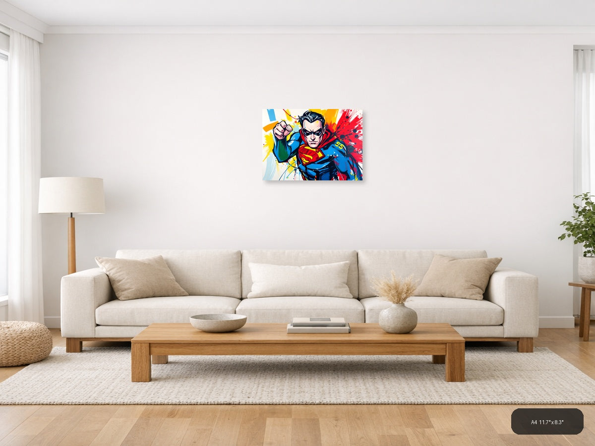 Superman Pop Art Abstract Splatter Wall Art — A4 / Living Room