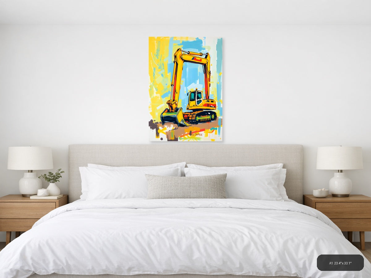 Yellow Excavator Abstract Construction Machine Wall Art — A1 / Bedroom