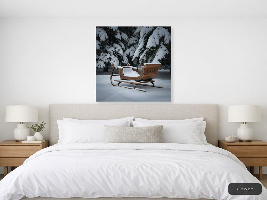 Ornate Wooden Sleigh in Winter Forest Snow Photography — A1 / Bedroom