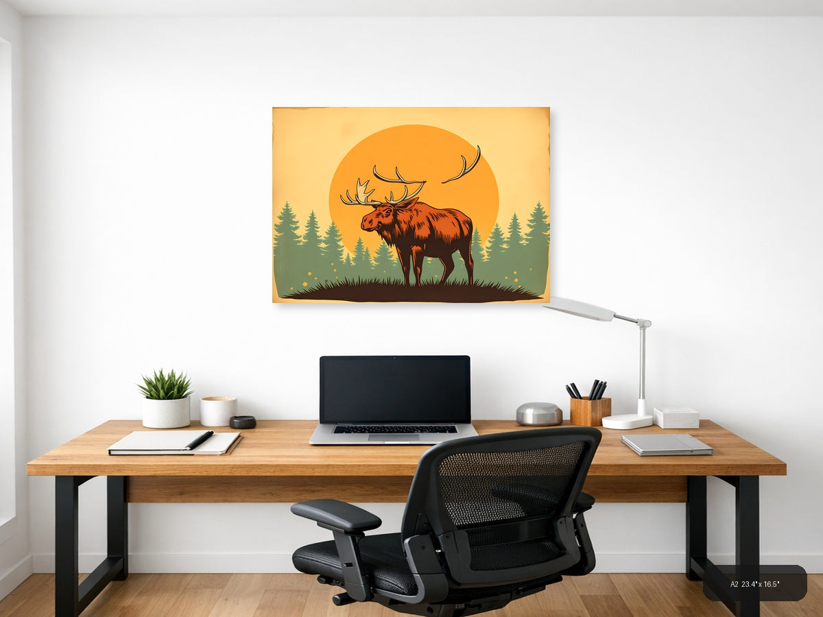 Vintage Moose Sunset Forest Silhouette Wall Art — A2 / Office