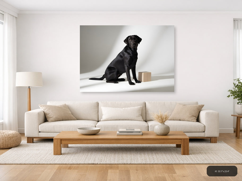 Black Labrador with Wooden Block Minimalist Wall Art — A1 / Living Room