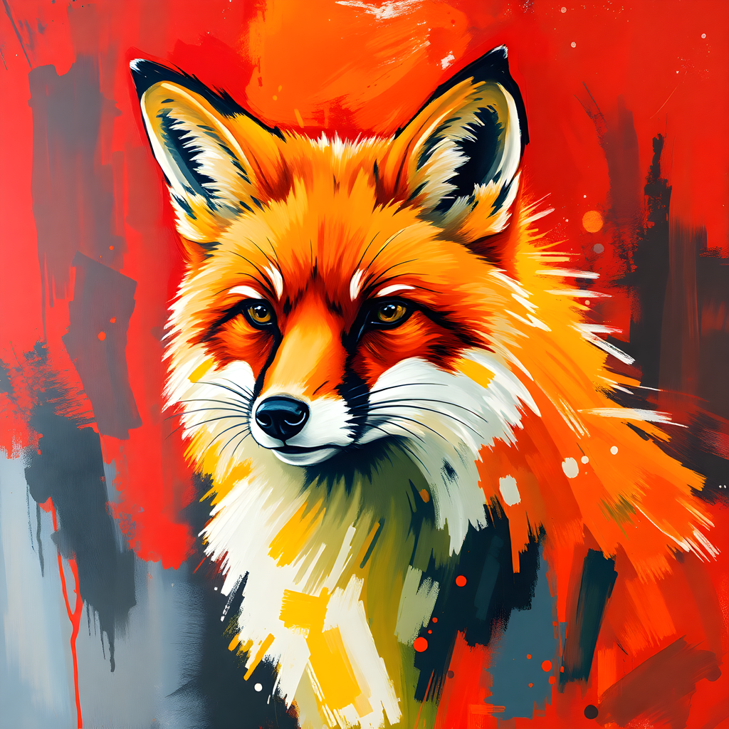 Abstract Fox Portrait Red Orange Splatter Wall Art