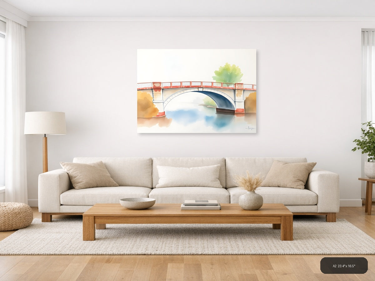 Watercolor Bridge Over Calm Water - Landscape Wall Art — A2 / Living Room