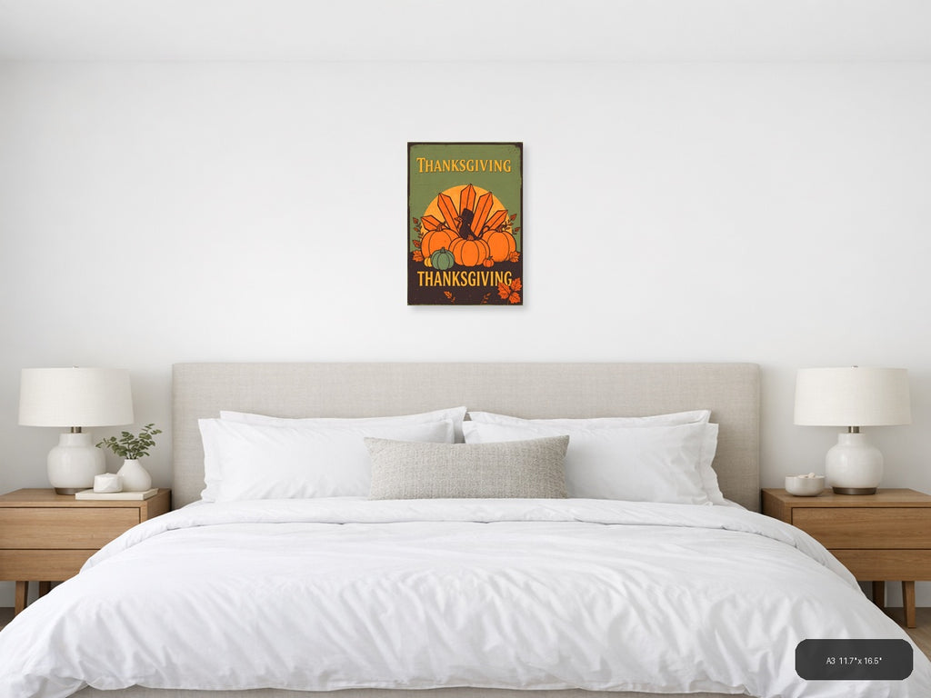 Vintage Thanksgiving Turkey & Pumpkins Harvest Wall Art — A3 / Bedroom