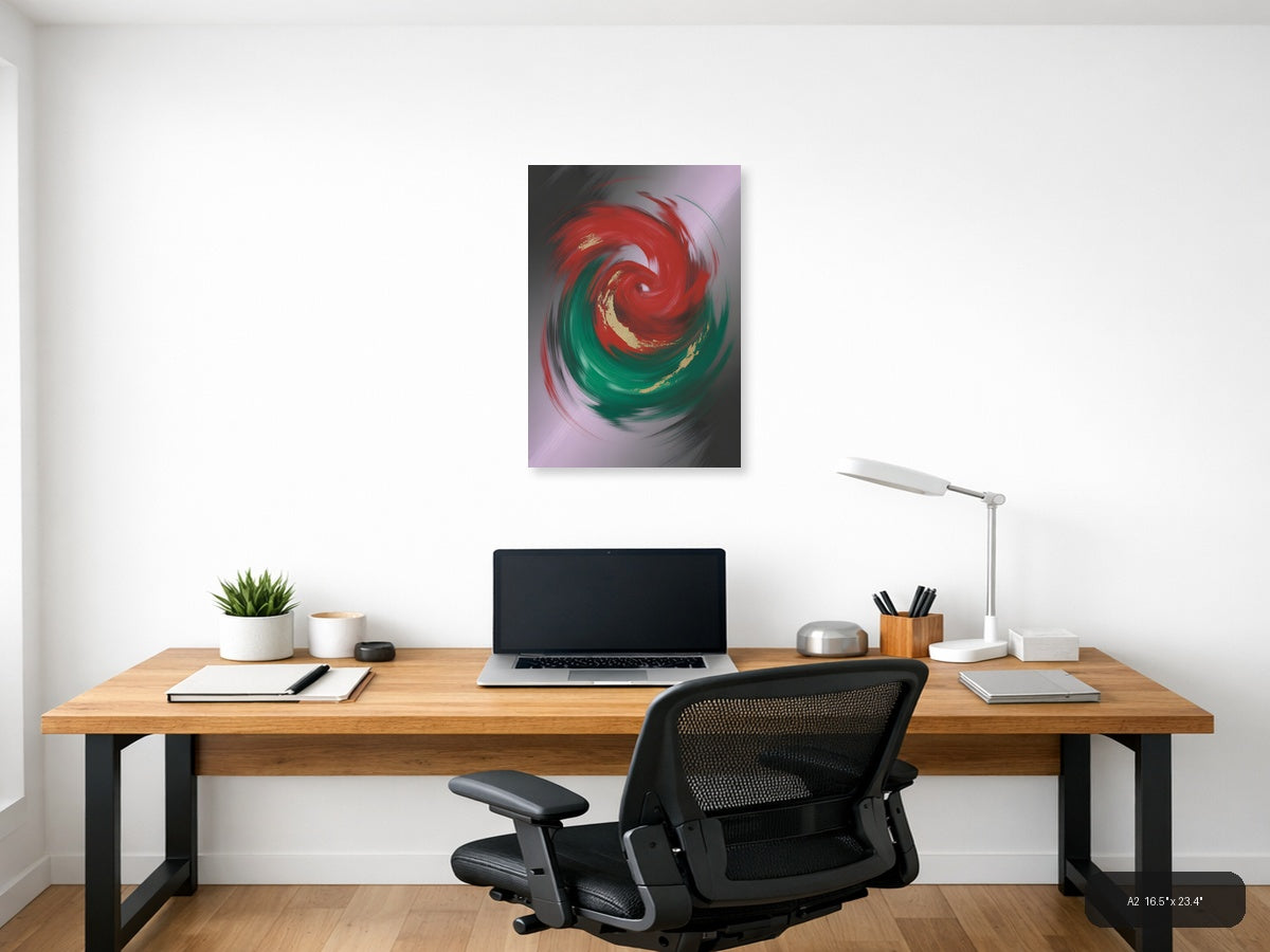 Red and Green Swirl Abstract Gold Accent Wall Art — A2 / Office