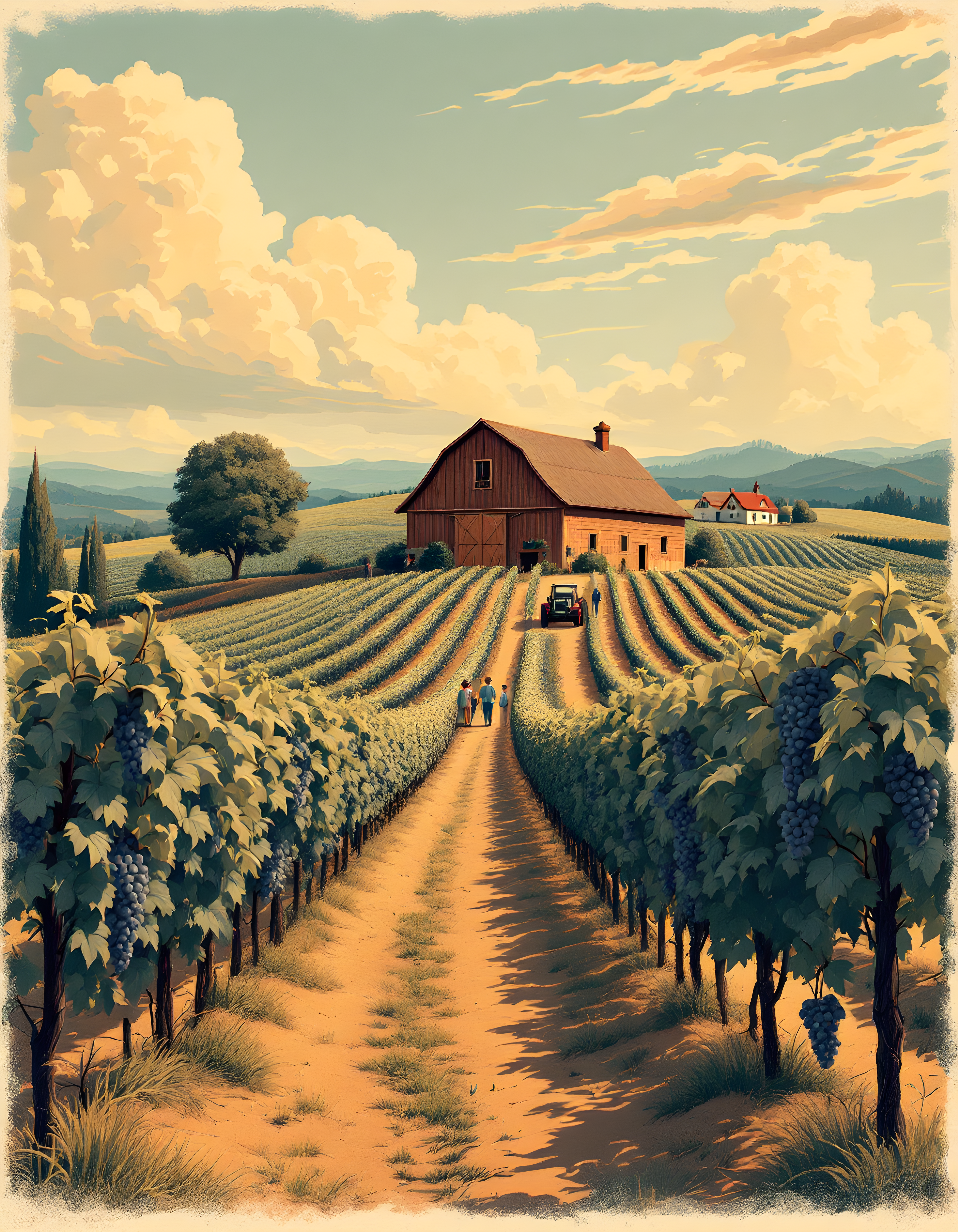 Vintage Vineyard Farm Landscape with Barn Wall Art