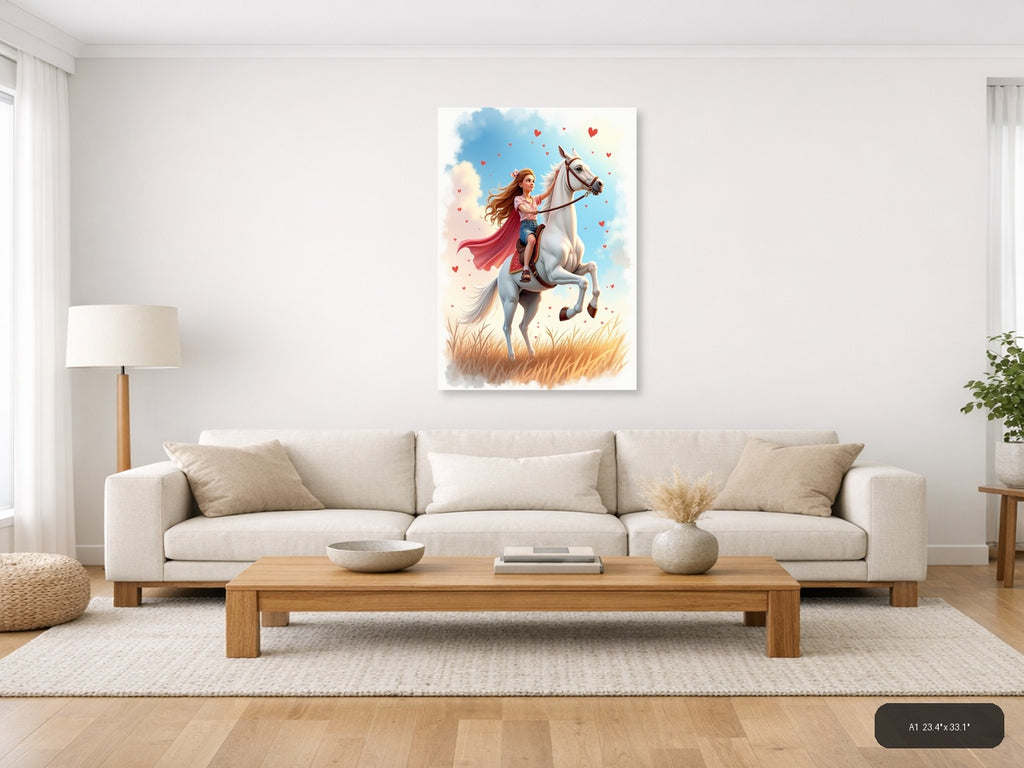 Girl on White Horse with Hearts Watercolor Wall Art — A1 / Living Room