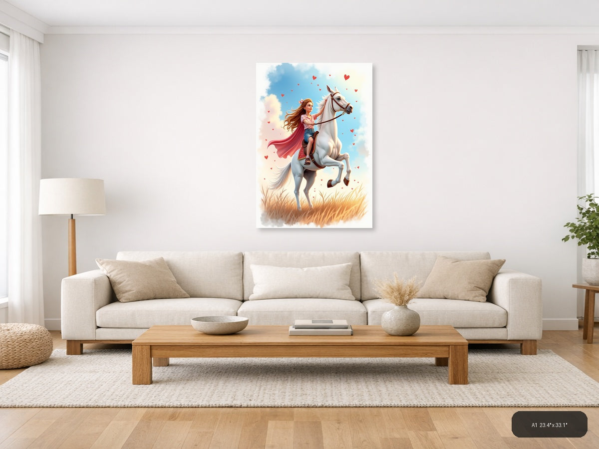 Girl on White Horse with Hearts Watercolor Wall Art — A1 / Living Room