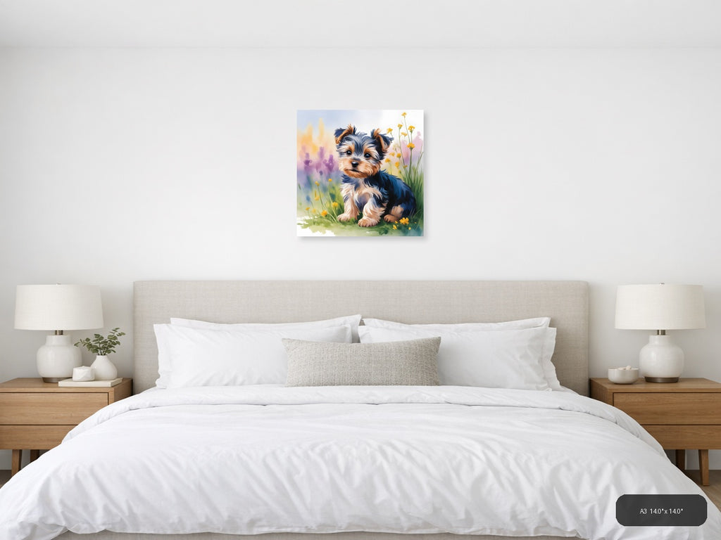 Adorable Puppy with Yellow Flowers Watercolor Wall Art — A3 / Bedroom