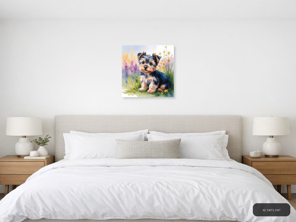 Adorable Puppy with Yellow Flowers Watercolor Wall Art — A3 / Bedroom