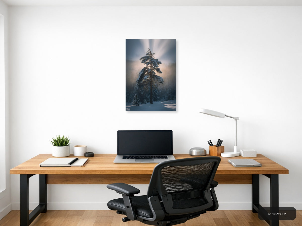 Snow-Covered Pine Tree in Misty Forest Photography Wall Art — A2 / Office