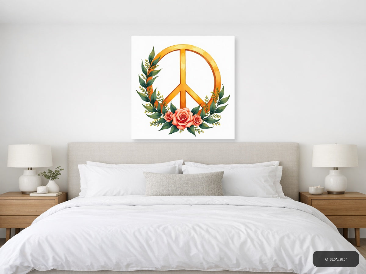 Golden Peace Sign with Roses Watercolor Wall Art — A1 / Bedroom