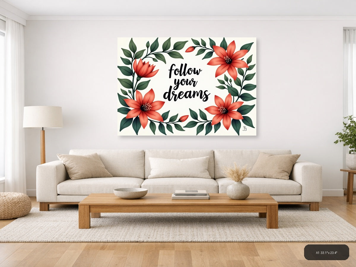 Follow Your Dreams Floral Botanical Red Flowers Wall Art — A1 / Living Room
