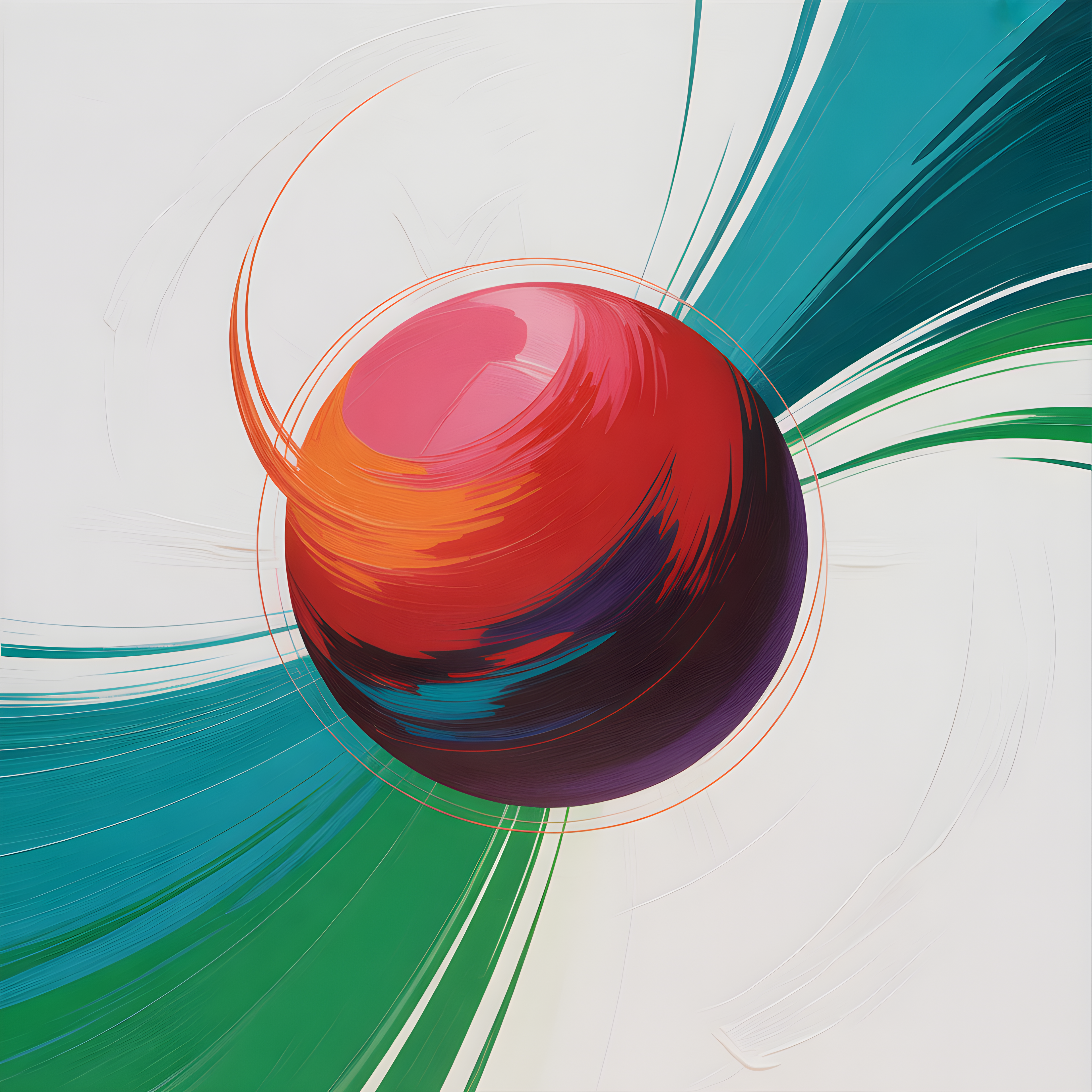 Red Sphere with Teal & Green Wave Abstract Wall Art