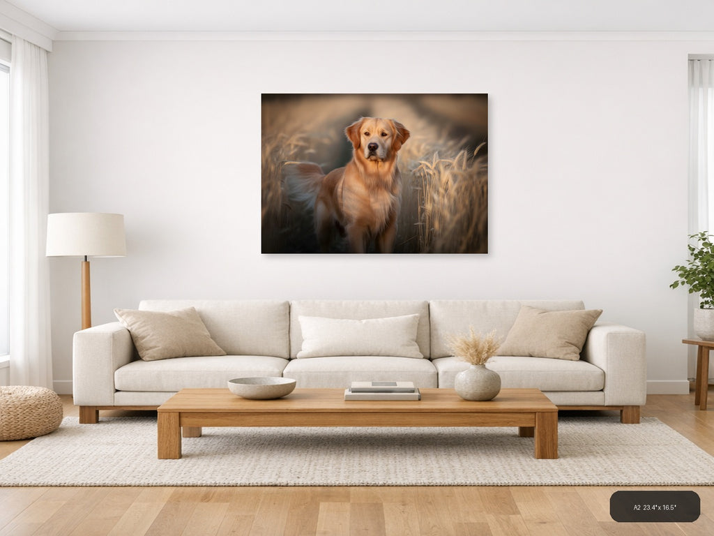 Golden Retriever in Wheat Field Photography Wall Art — A2 / Living Room