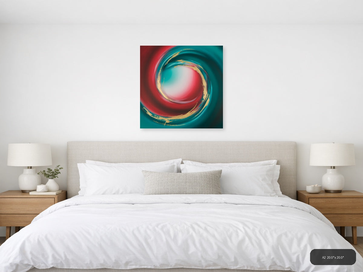 Teal Red Gold Spiral Abstract Modern Wall Art — A2 / Bedroom