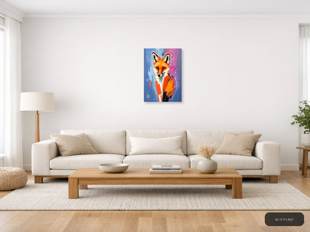 Abstract Fox Portrait: Vibrant Orange & Blue Wall Art — A3 / Living Room
