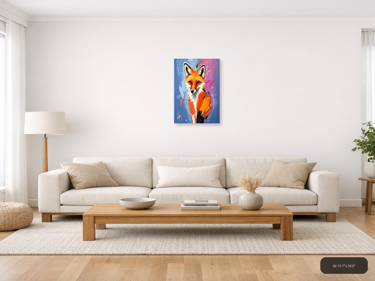 Abstract Fox Portrait: Vibrant Orange & Blue Wall Art — A3 / Living Room
