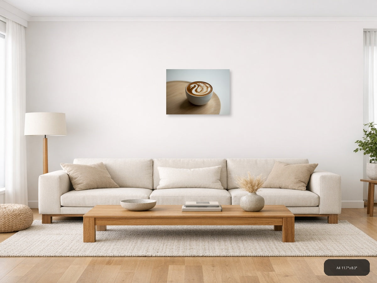 Minimalist Swan Latte Art Coffee Wall Art — A4 / Living Room