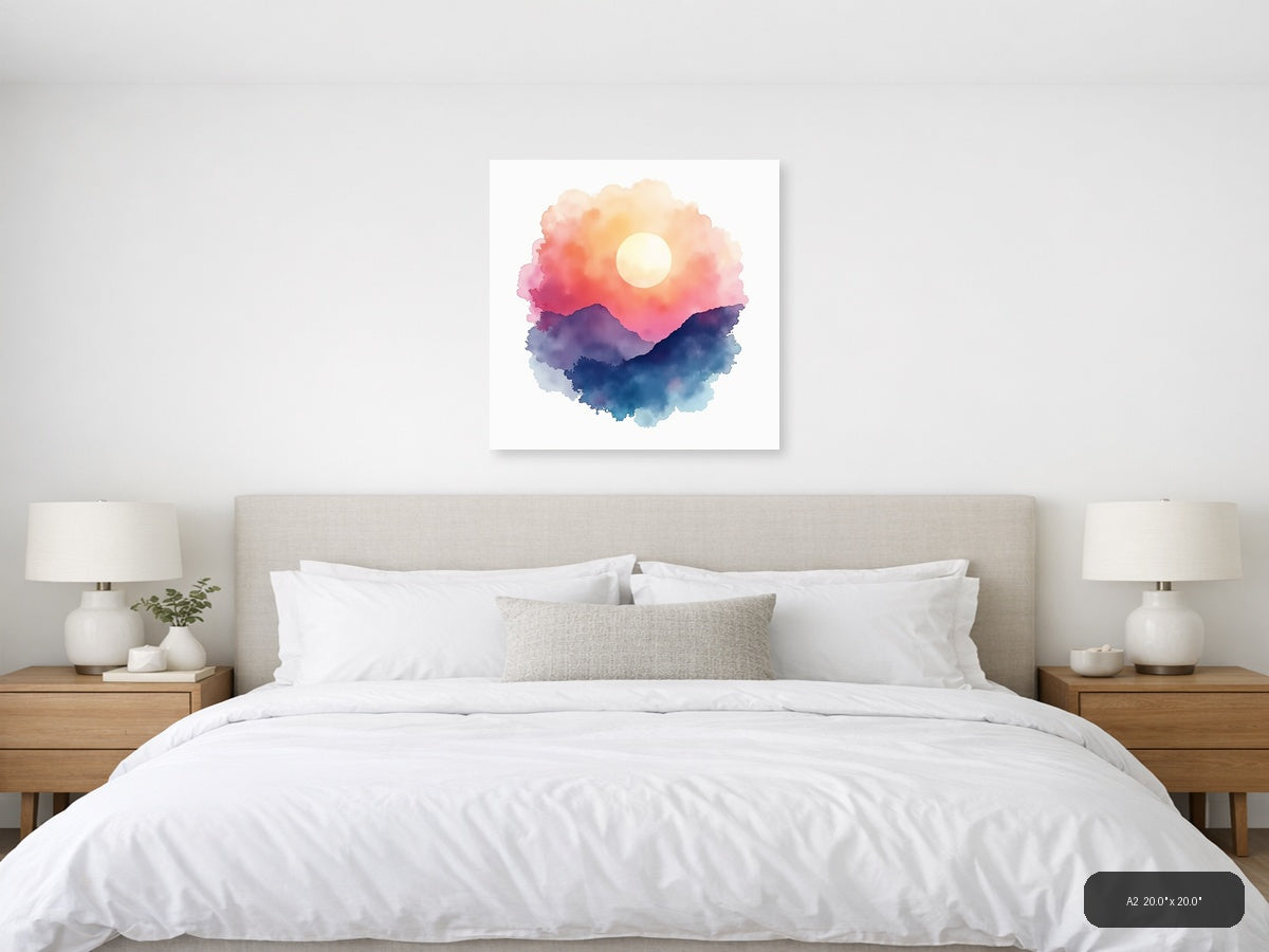 Watercolor Mountain Sunset with Moon Wall Art — A2 / Bedroom