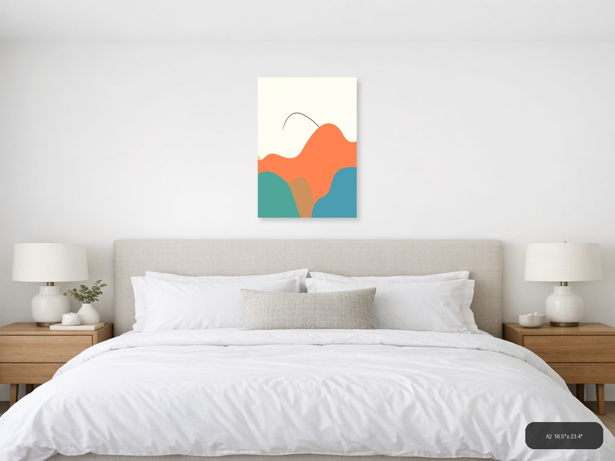 Minimalist Abstract Waves in Coral, Teal & Blue Wall Art — A2 / Bedroom