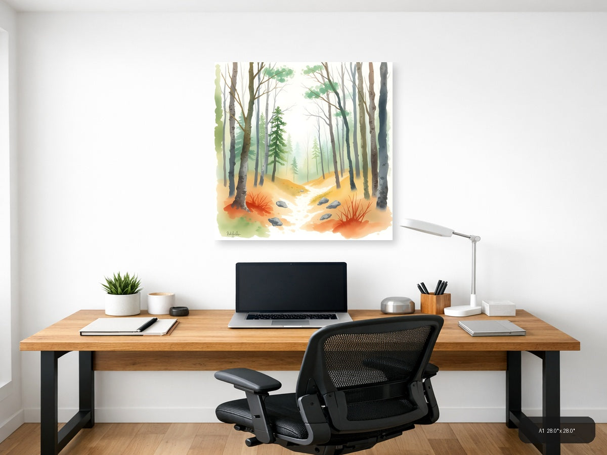 Misty Forest Stream Watercolor Wall Art — A1 / Office