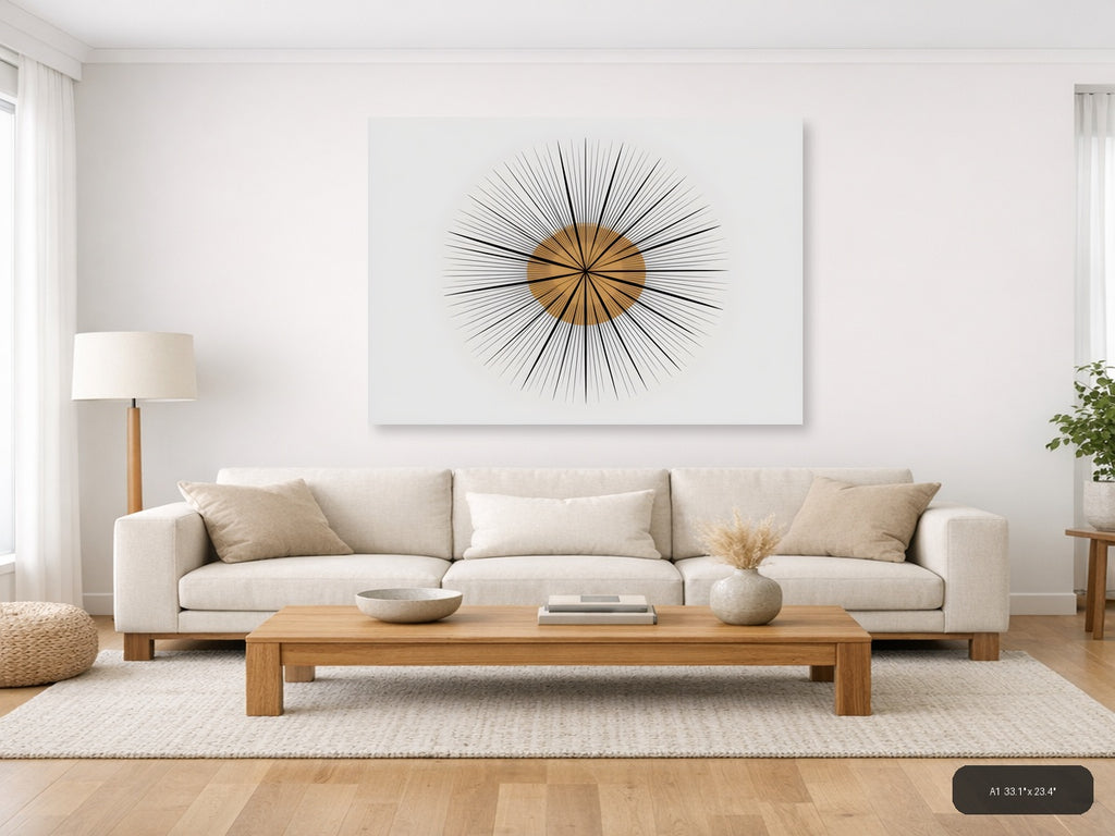Abstract Sunburst Line Art with Bronze Center Wall Art — A1 / Living Room