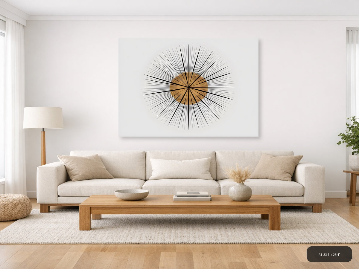 Abstract Sunburst Line Art with Bronze Center Wall Art — A1 / Living Room