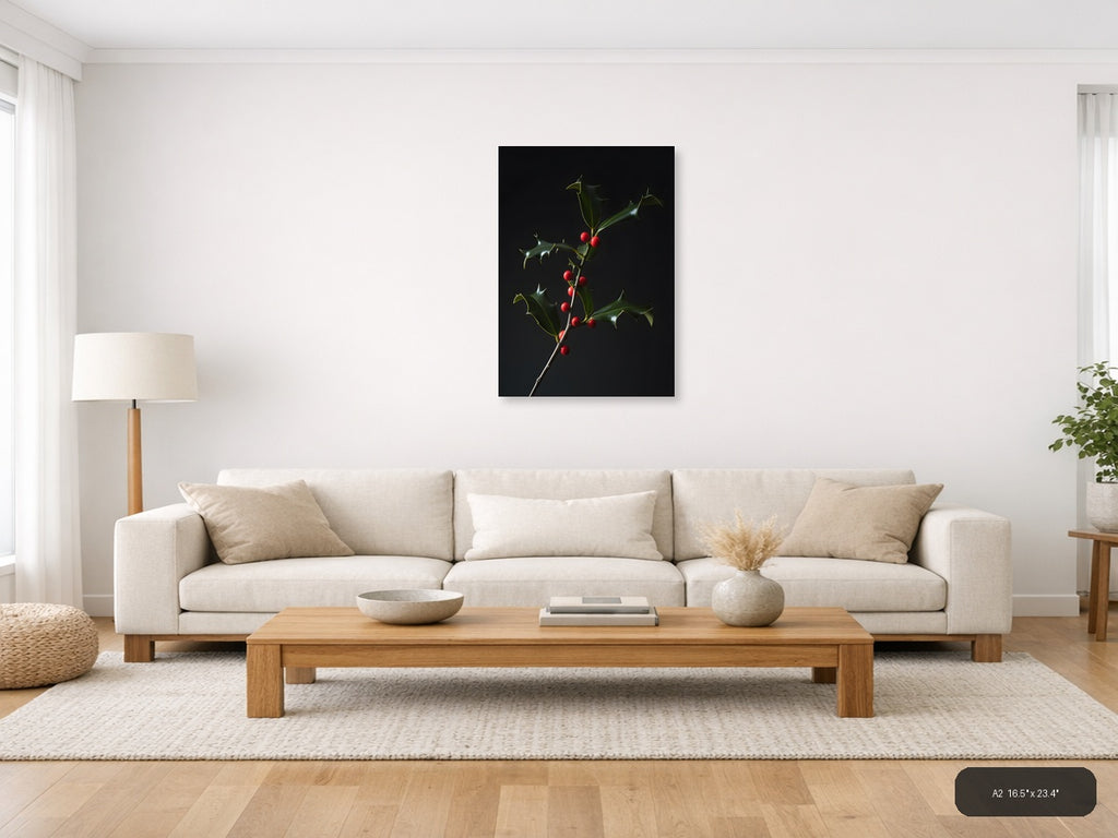 Holly Branch with Red Berries | Fine Art Photography Wall Art — A2 / Living Room