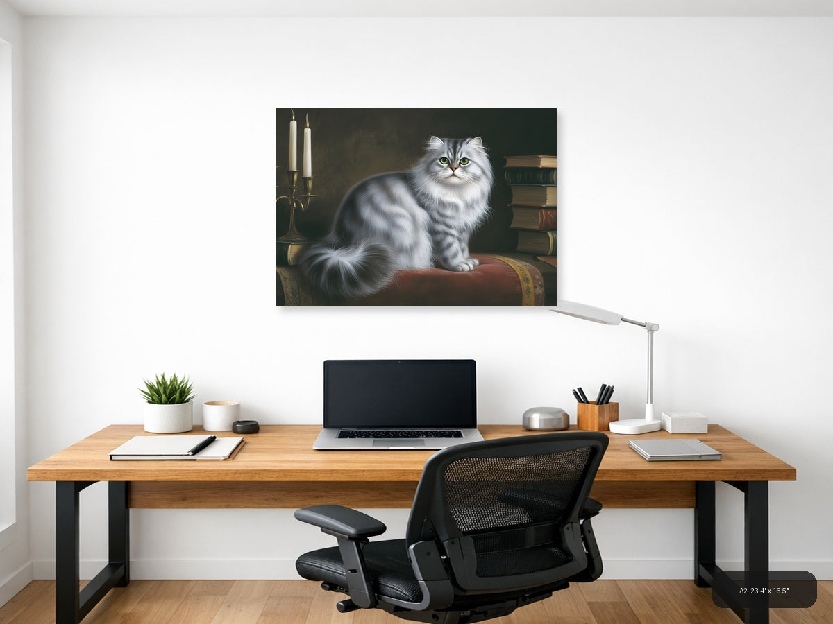 White Fluffy Cat with Green Eyes Portrait Photography Wall Art — A2 / Office