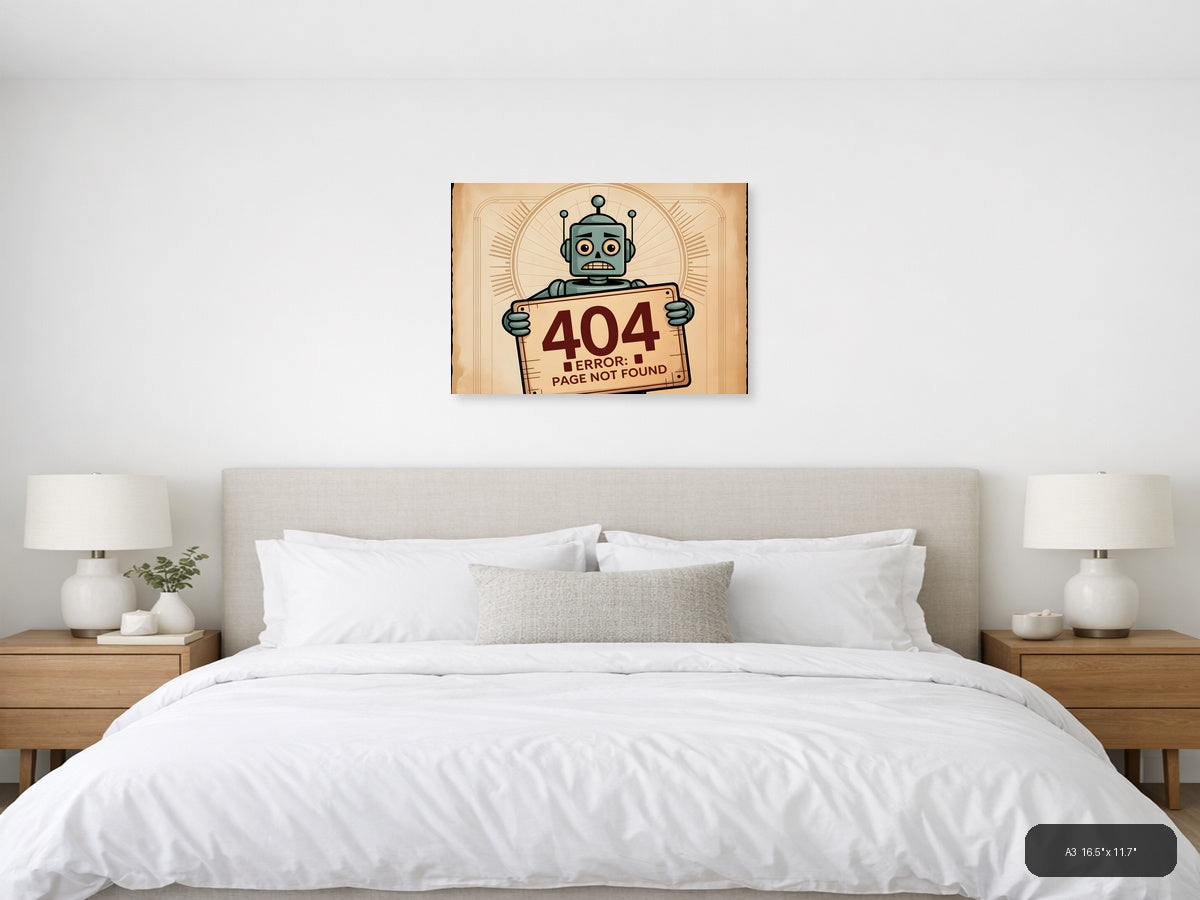Vintage Retro Robot 404 Error Message Wall Art — A3 / Bedroom