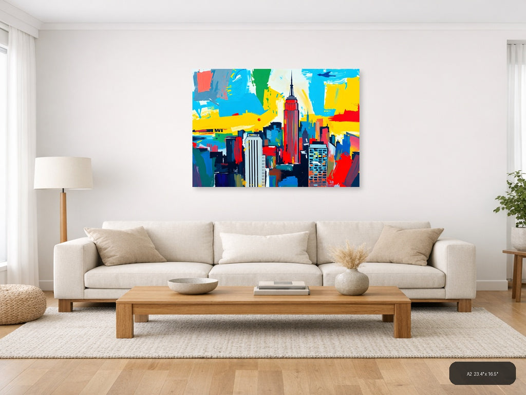 Vibrant Abstract NYC Skyline with Empire State Building Wall Art — A2 / Living Room