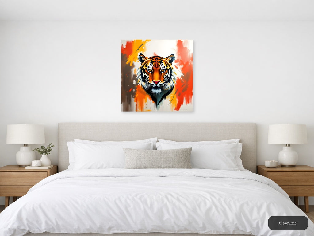 Abstract Tiger Head Orange Splash Modern Wall Art — A2 / Bedroom