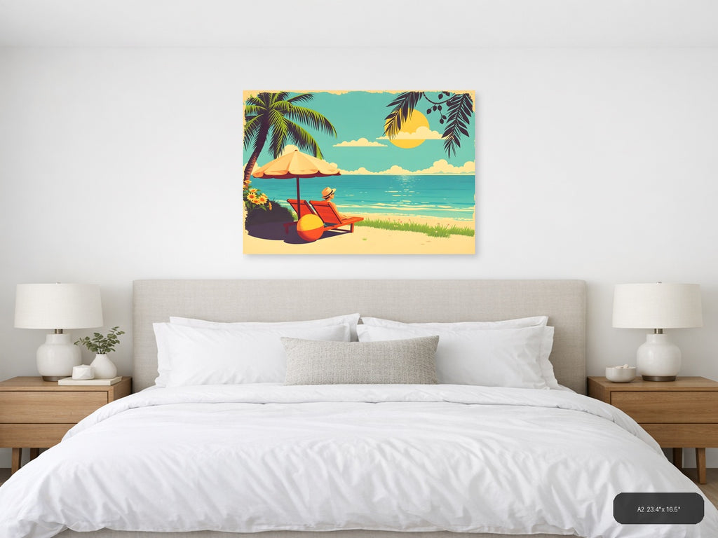 Vintage Beach Vacation Scene with Umbrella Wall Art — A2 / Bedroom