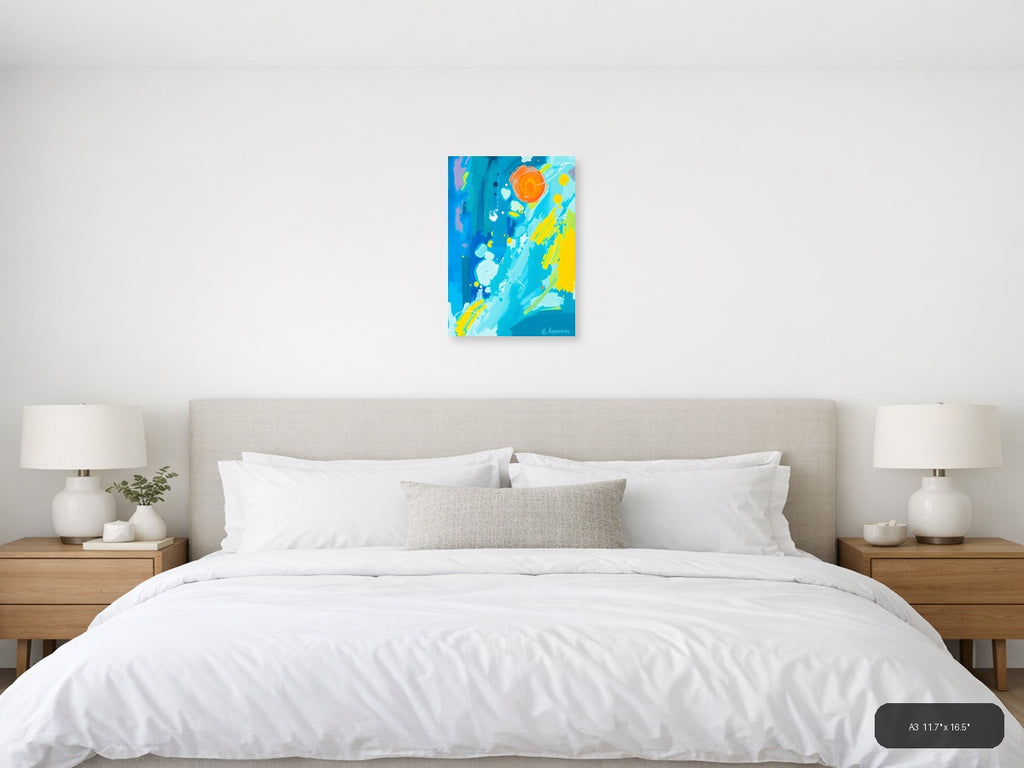 Abstract Blue Sky with Orange Sun & Planets Wall Art — A3 / Bedroom