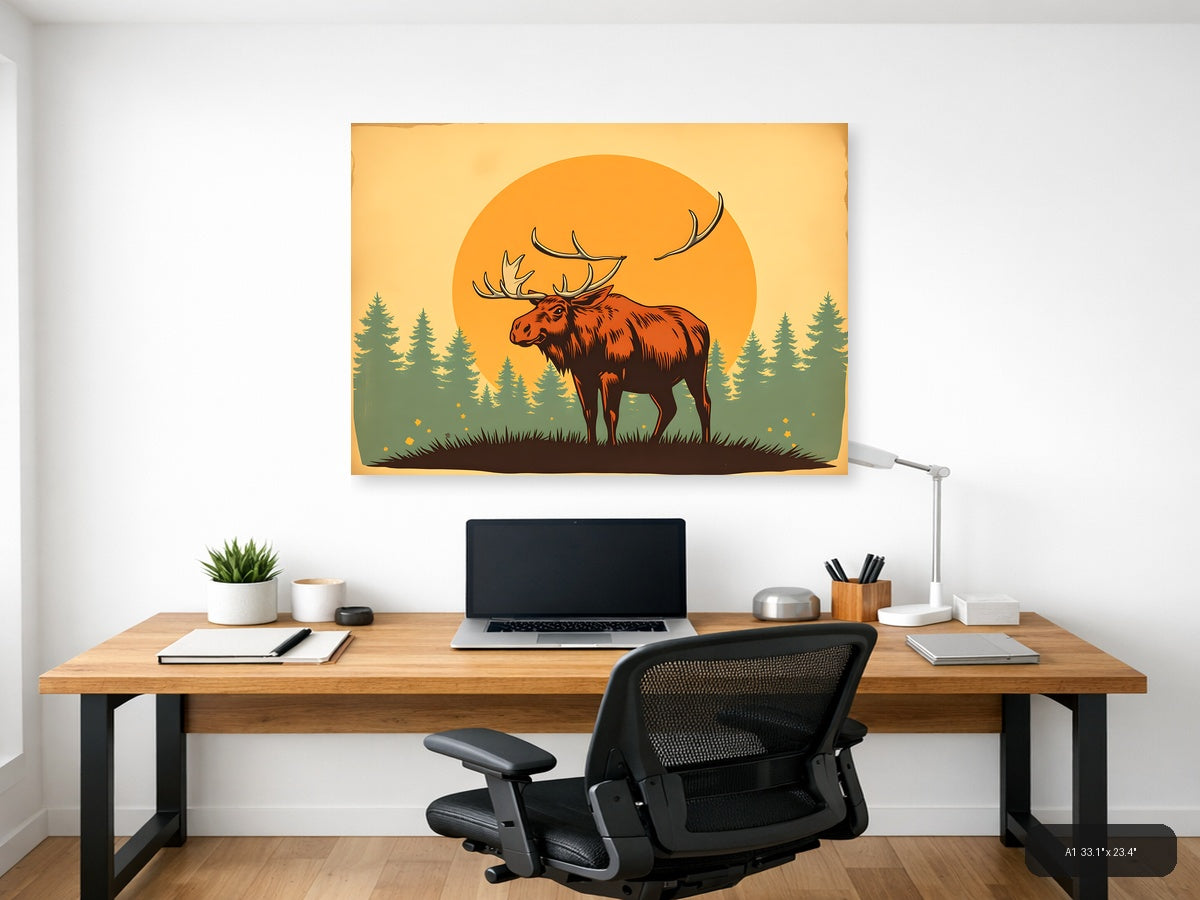 Vintage Moose Silhouette Sunset Forest Wall Art — A1 / Office