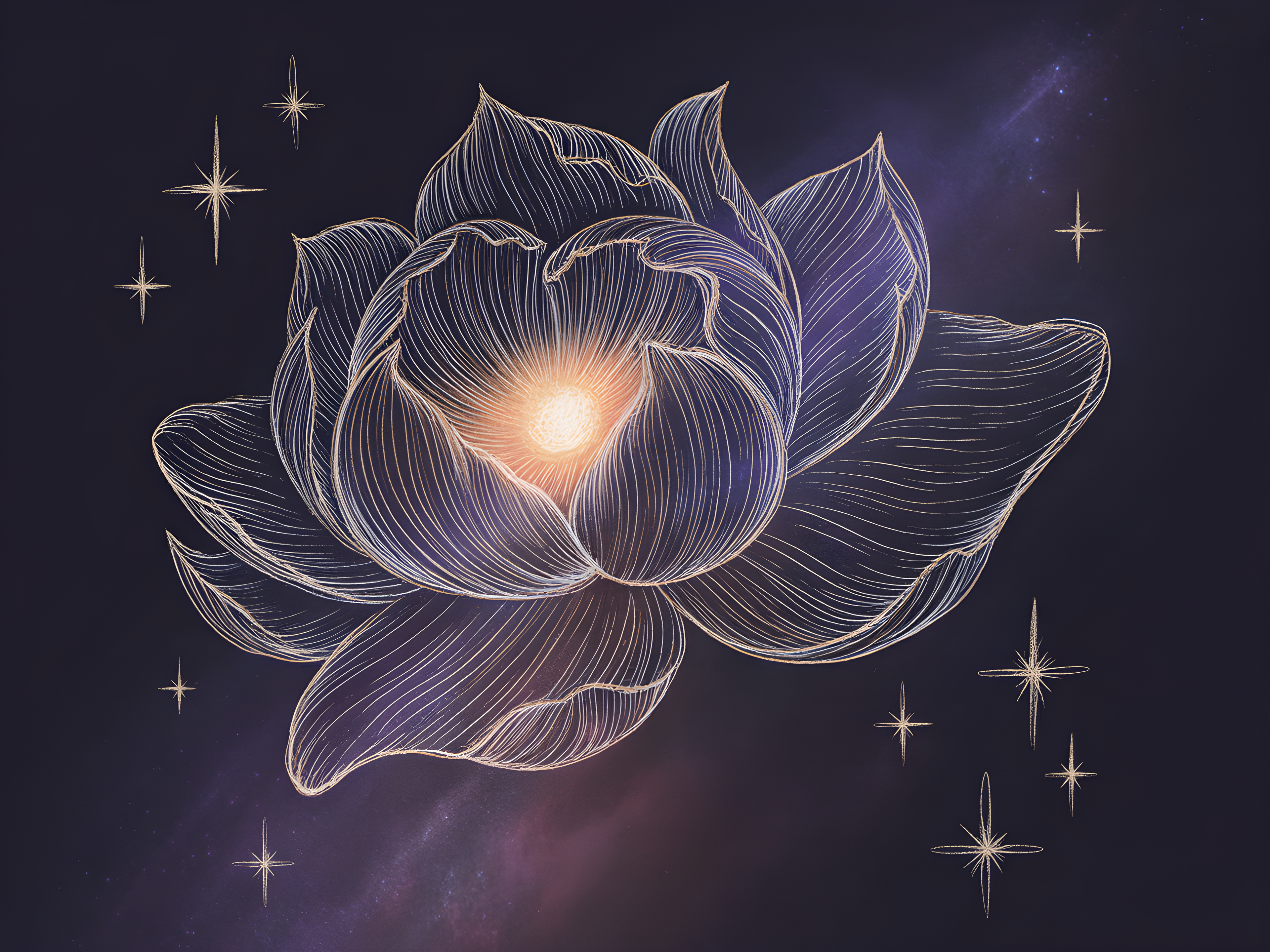 Glowing Lotus Flower Line Art With Stars Wall Art