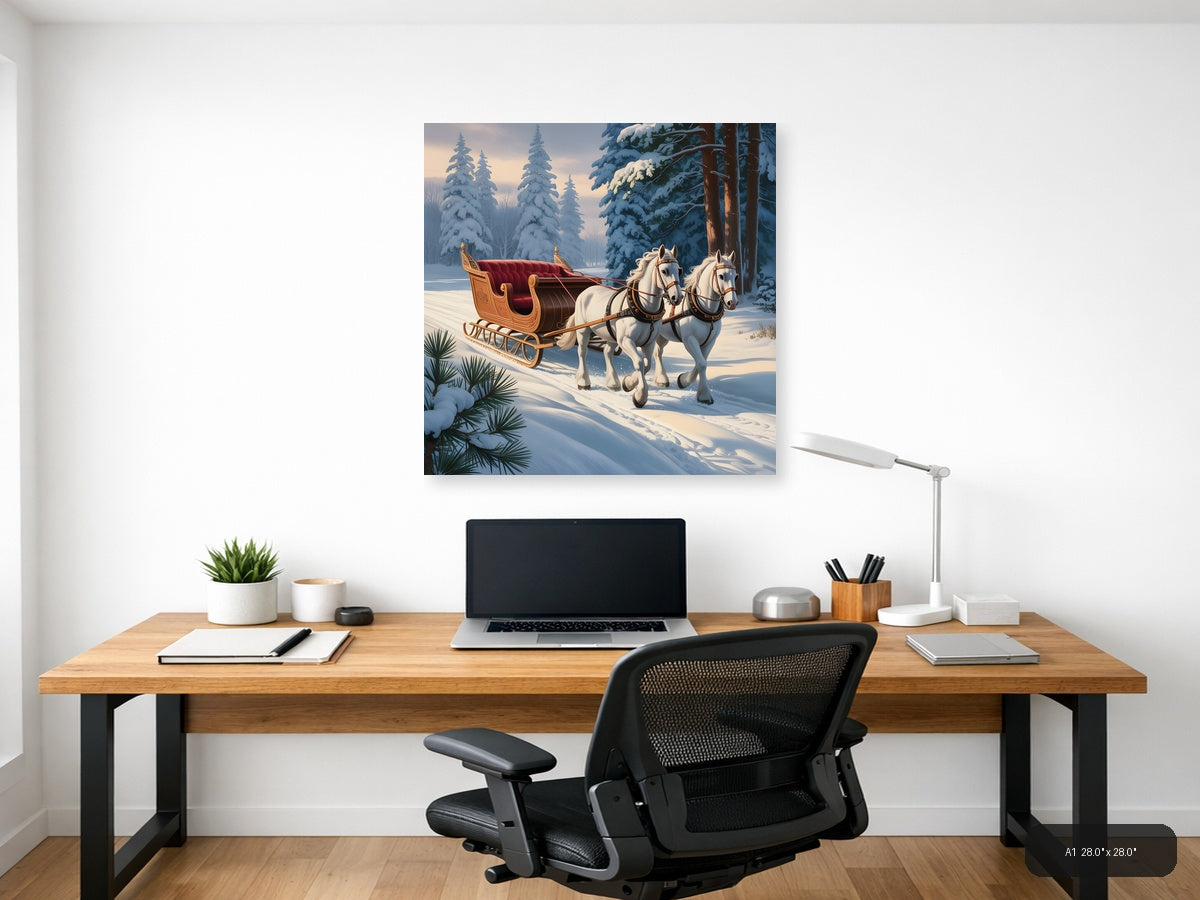 Vintage Winter Sleigh with White Horses Wall Art — A1 / Office