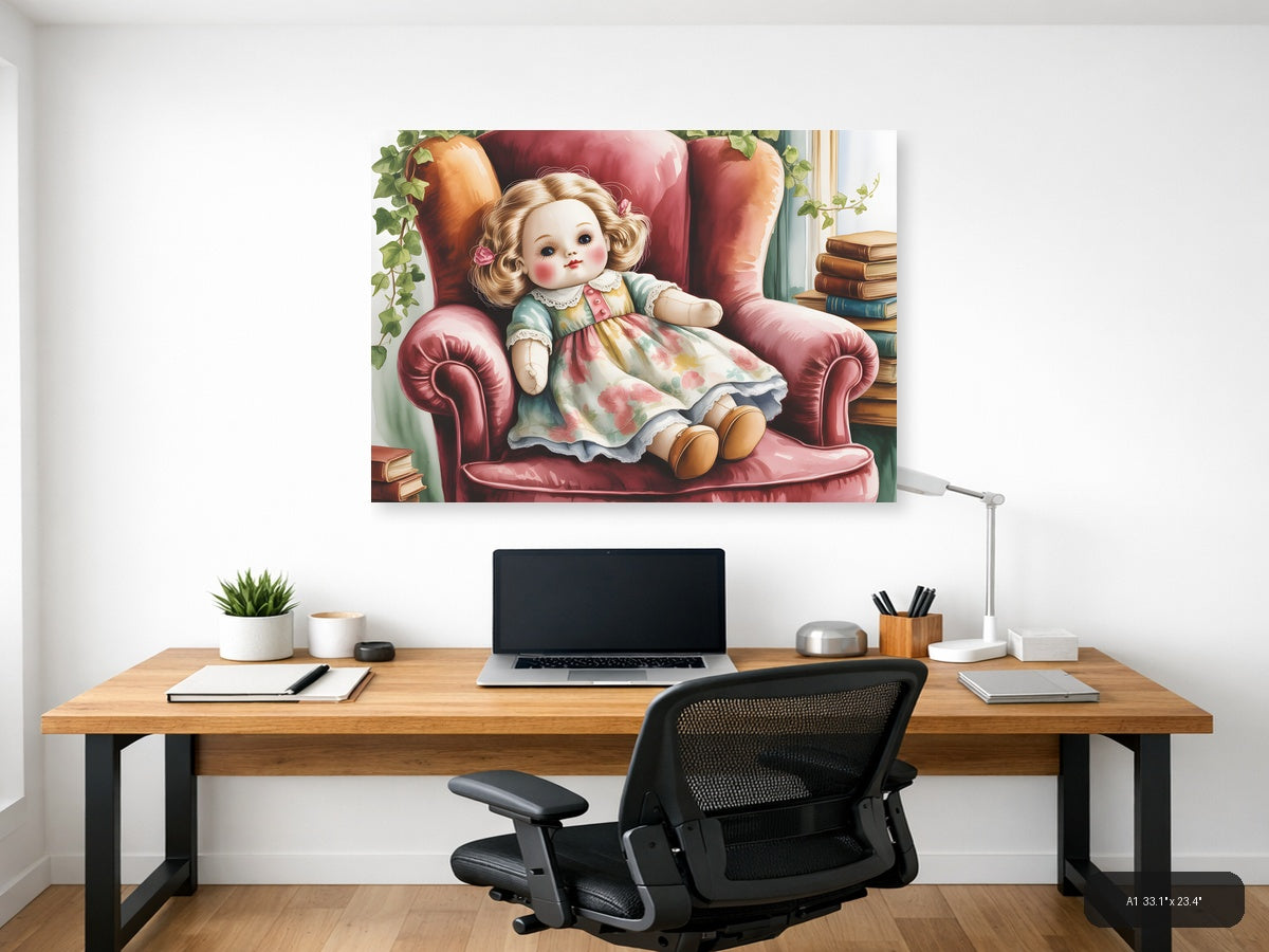 Vintage Doll in Pink Chair Watercolor Wall Art — A1 / Office